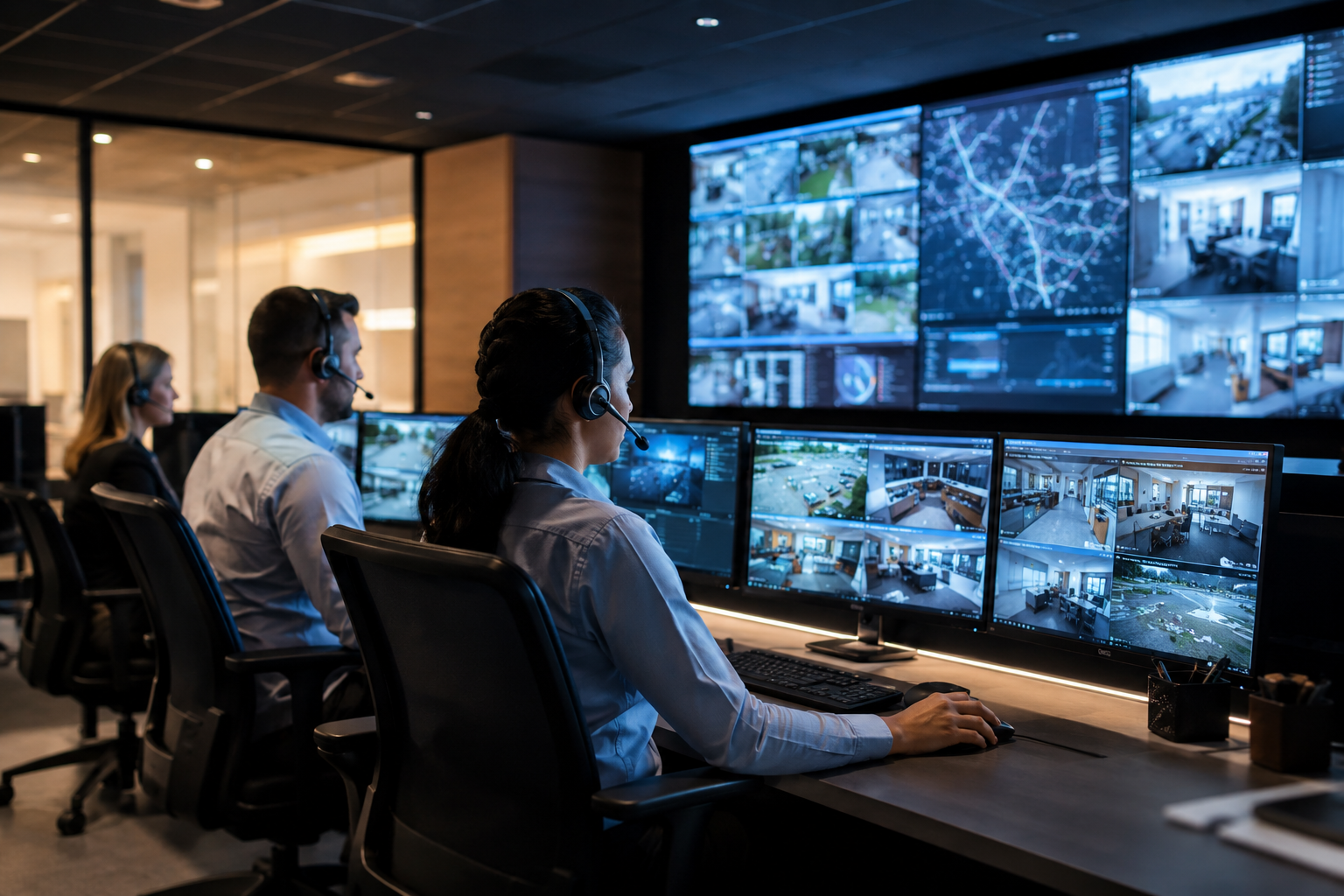 APB Security 24/7 UL-listed monitoring center operators watching live camera feeds, serving New York since 1977
