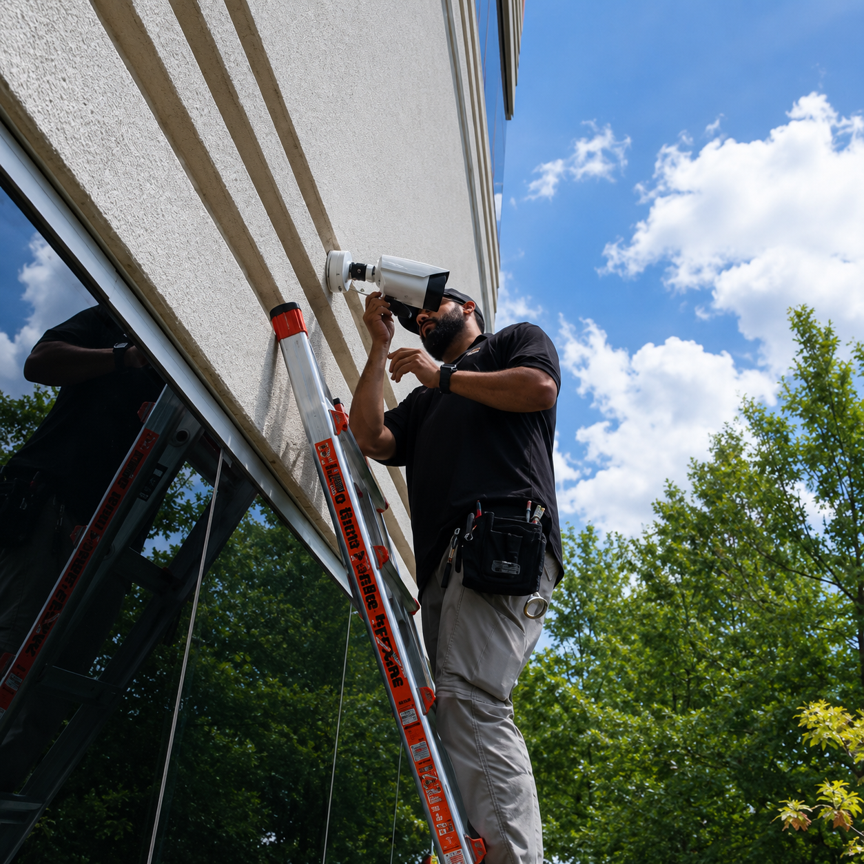 APB technician on a ladder installing an exterior security camera under a building eave