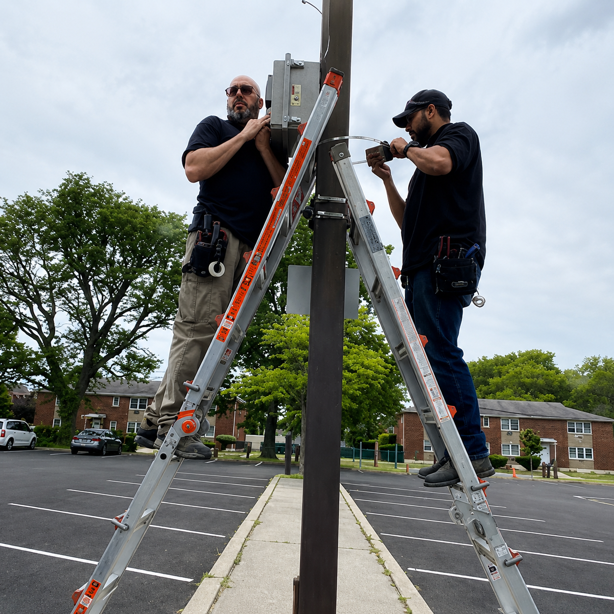 Two APB technicians on ladders installing equipment on a parking lot pole